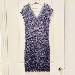 Marina Dress Women 12 Gray sequins Lace Shimmer Ruffled Hollywood Glam Gatsby